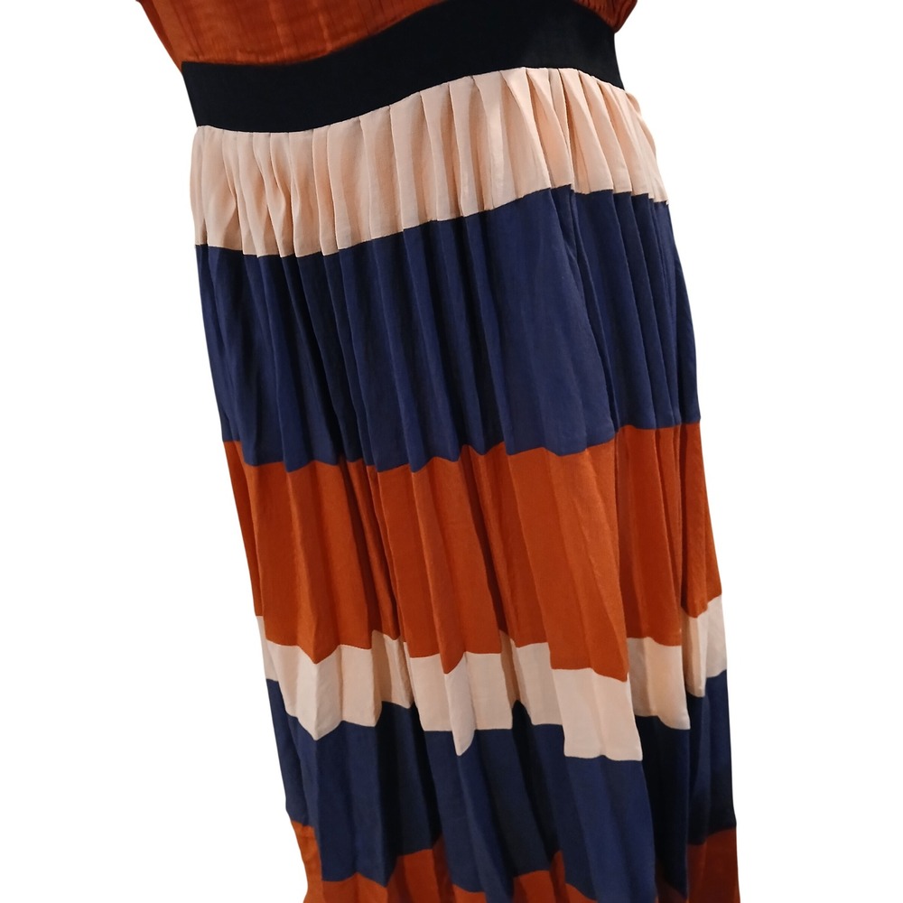 After Market Womens Colorblock Striped Pleated Midi Dress Peach Navy Rust Large - Picture 3 of 12
